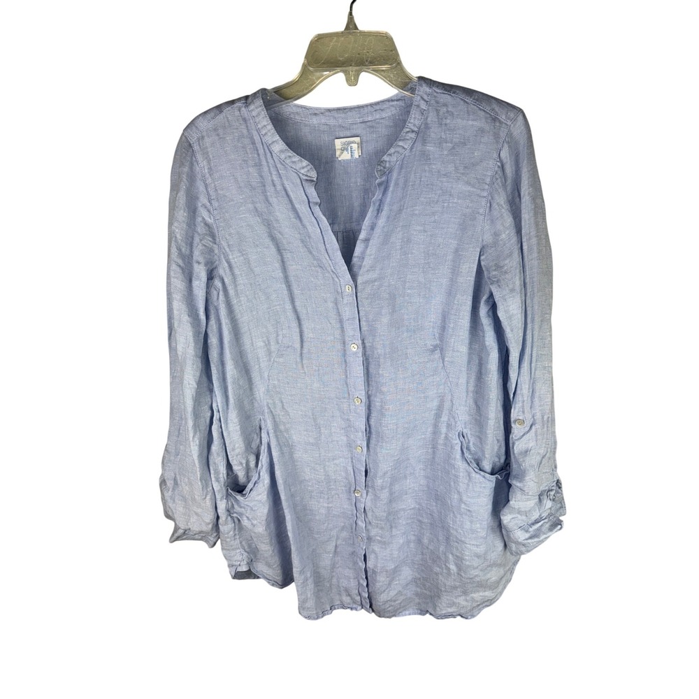 Sigrid Olsen Womens Blue 100% Linen Button Up Roll Tab Sleeve Tunic Blouse L